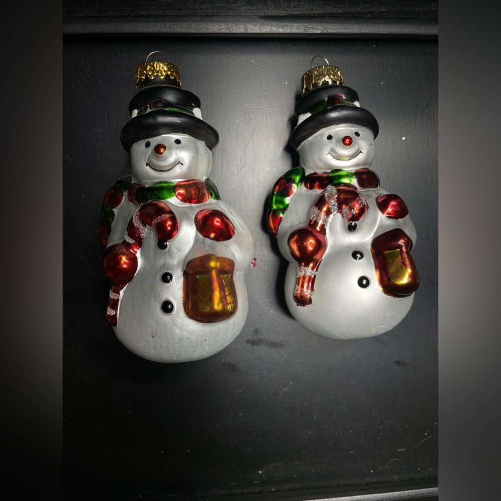 Pair Of Snowman Vintage Glass Ornaments By G&D 4.5” Candy Cane Present